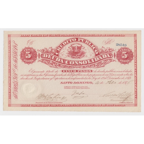 551 - Dominican Republic 5 Pesos dated 1876, Bond of Consolidated Public Debt, serial 28516 (PickS161) cri... 