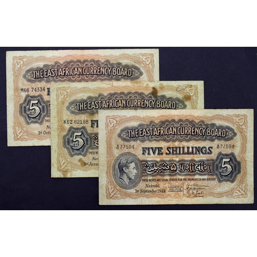 552 - East African Currency Board (3), 5 Shillings dated 1st September 1943, portrait King George VI at le... 