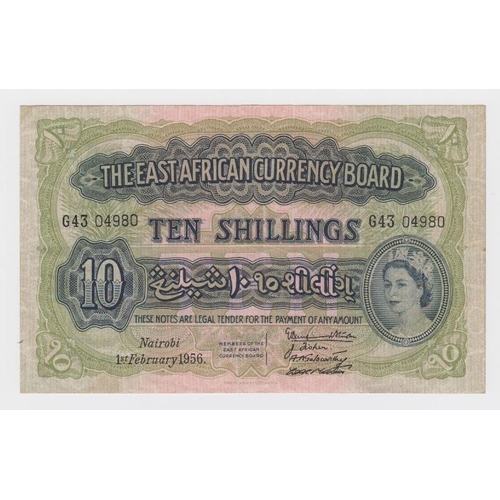 554 - East African Currency Board 10 Shillings dated 1st February 1956, portrait Queen Elizabeth II bottom... 