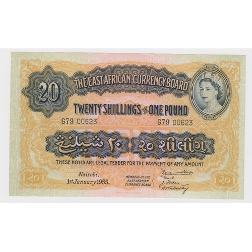 556 - East African Currency Board 20 Shillings or 1 Pound dated 1st January 1955, serial G79 00623, portra... 