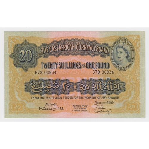 557 - East African Currency Board 20 Shillings or 1 Pound dated 1st January 1955, serial G79 00834, portra... 