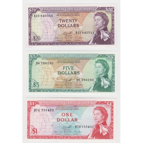 559 - East Caribbean (3), 20 Dollars issued 1965 (TBB B103c10, Pick15g) EF, 5 Dollars issued 1965 (TBB B10... 