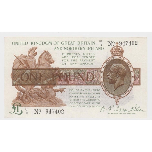 66 - Warren Fisher 1 Pound issued 25th July 1927, rarer Great Britain & Northern Ireland issue, serial U1... 