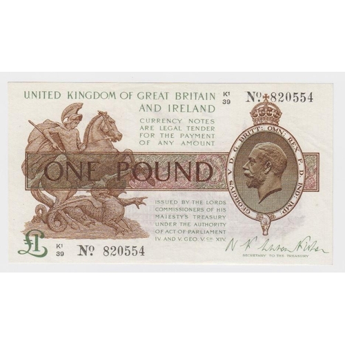 67 - Warren Fisher 1 Pound issued 26th February 1923, serial K1/39 820554, No. with dot (T31, Pick359a) l... 