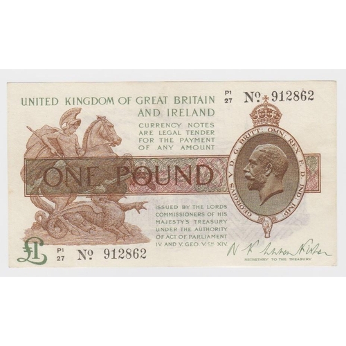 68 - Warren Fisher 1 Pound issued 26th February 1923, serial P1/27 912862, No. with square dot (T32, Pick... 