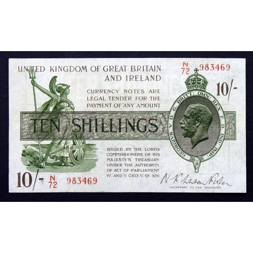 71 - Warren Fisher 10 Shillings issued 1922, serial N/72 983469 (T30, Pick358) cleaned and pressed, VF