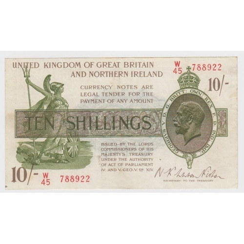 72 - Warren Fisher 10 Shillings issued 1927, LAST SERIES 'W' prefix, serial W/45 788922, Great Britain & ... 