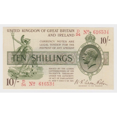 74 - Warren Fisher 10 Shillings issued 30th September 1919, scarcer FIRST SERIES 'D' prefix, serial D/34 ... 