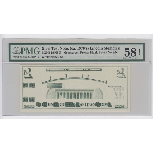 916 - USA, America 1 Dollar, Giori Test Note for reverse design, circe 1970's, Lincoln Memorial, without s... 