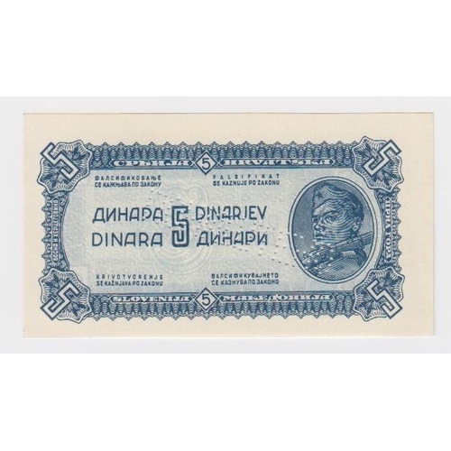 933 - Yugoslavia 5 Dinara dated 1944, PRINTING ERROR, designed not centred, perforated cancelled by bank (... 