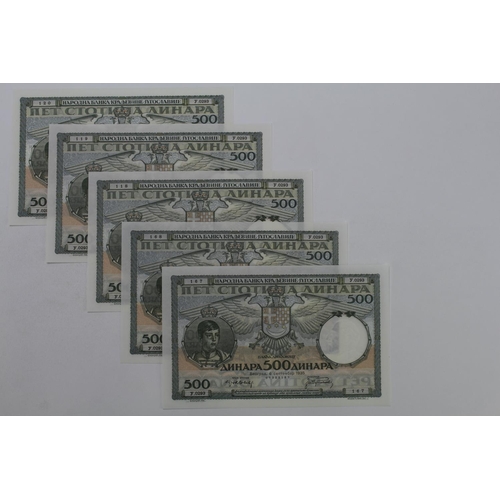 935 - Yugoslavia 500 Dinara (5) dated 6th September 1935, a consecutively numbered run and a pair, serial ... 