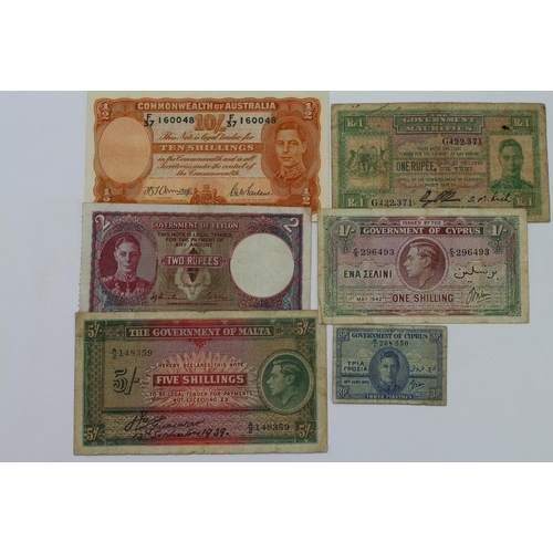 977 - World, British Commonwealth (6) all King George VI portrait, Mauritius 1 Rupee issued 1940, Malta 5 ... 