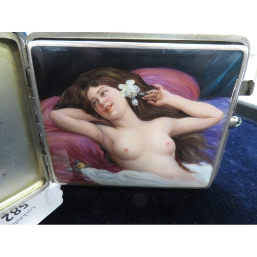 582 - Continental (possibly German), silver, engine turned, cigarette case with a concealed panel depictin... 