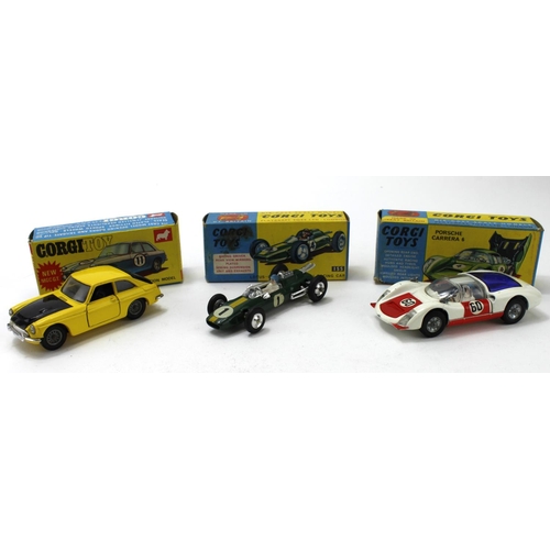 66 - Corgi Toys. Three boxed Corgi models, comprising nos. 330 (Porsche Carrera 6); 345 (MGB G.T.); 155 (... 