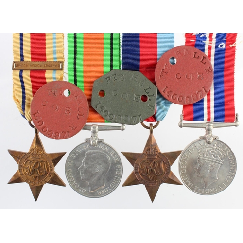 1208 - WW2 group consisting of 1939-45 star, Africa star, Defence and War medals in named box with three ID... 