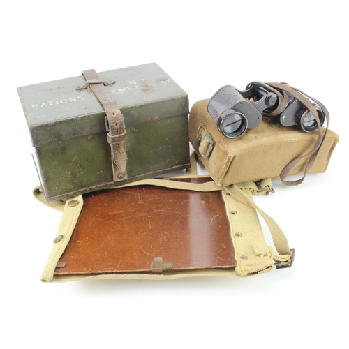 1226 - WW2 pair of British army binoculars in their webbing case with 1944 dated map case and unusual metal... 