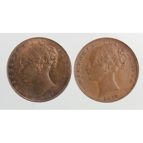 1714 - Farthings (2) Queen Victoria young head copper: 1839 EF with lustre, and 1853 WW incuse, GVF