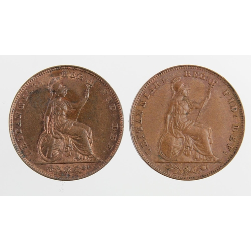 1714 - Farthings (2) Queen Victoria young head copper: 1839 EF with lustre, and 1853 WW incuse, GVF