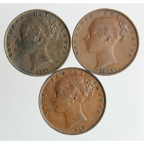 1719 - Farthings (3) Queen Victoria varieties: 1841 unbarred As in GRATIA nVF, 1856 VICTOEIA VF, and 1858 s... 