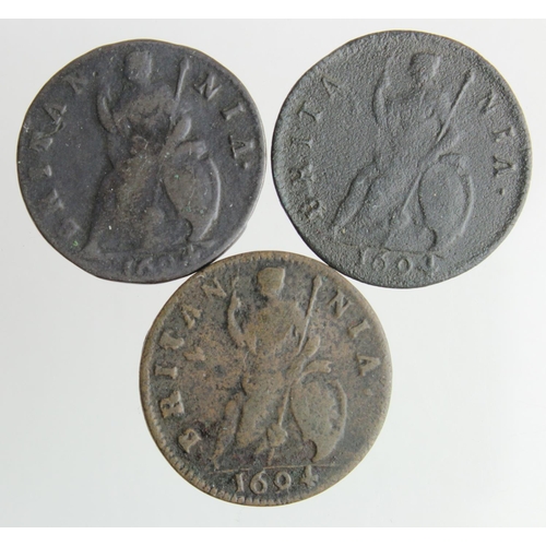 1720 - Farthings (3) William & Mary: 1694 BRITA NIA (seems to be missing the first N) Fair, 1694 no stops o... 