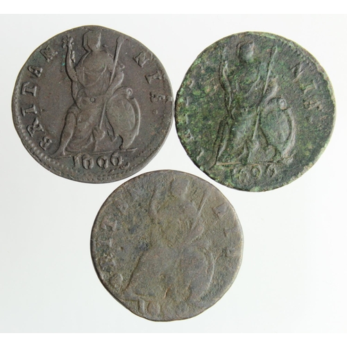 1721 - Farthings (3) William III: 1696 porous GF, 1696 double-struck Fine, and 16?? poor.