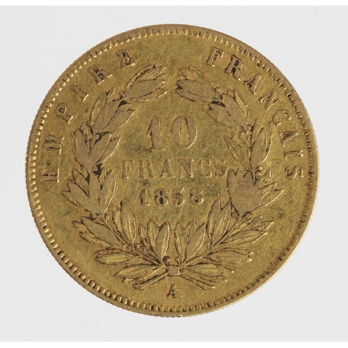 1724 - France gold 10 Francs 1858A, F-GF (0.0933 troy oz AGW)