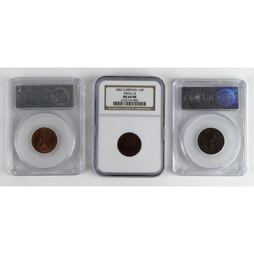 1738 - GB Farthings (3) slabbed: 1774 Peck 916 CGS UK VF 45, 1843 CGS UK AU78, and 1862 small 8 NGC MS64RB.