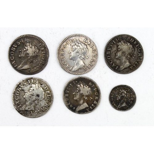 1751 - GB Maundy Oddments (6) James II: Penny 1687 nEF; Threepence 1687 nF; Fourpences: 4x 1687/6: Fair, F,... 