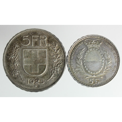 2141 - Switzerland silver (2): 5 Francs 1925B, toned VF, and Fribourg 5 Franc 1934 aEF