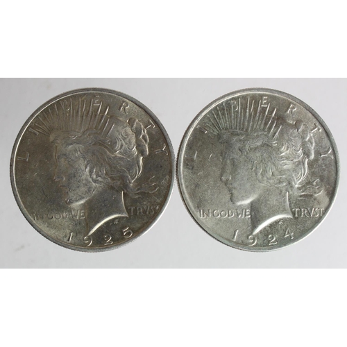 2143 - USA Peace Silver Dollars (2): 1924 and 1925, AU with lustre.