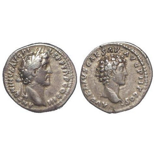 2224 - Roman Imperial: Antoninus Pius with Marcus Aurelius as Caesar silver denarius, Rome 140-44 AD. Portr... 