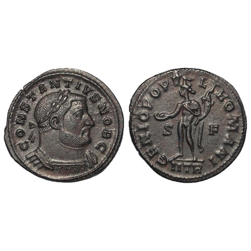 2229 - Roman Imperial: Constantius I Caesar billon follis, Trier Mint 302-3 AD. Rev: Genius std. l., IITR i... 