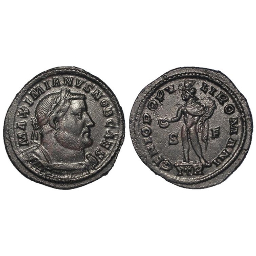 2234 - Roman Imperial: Galerius Maximianus Caesar billon follis, Trier Mint 302-3 AD. Rev: Genius stg. l., ... 