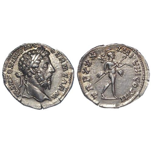 2237 - Roman Imperial: Marcus Aurelius silver denarius, Rome 170-71 AD. Rev: TR P XXX IMP VIII COS III, Mar... 