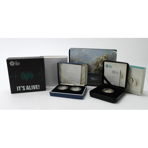 2334 - GB & Gibraltar silver proof/BU cased coins x7 (in 5 cases) including Nelson & Trafalgar 2-coin set.