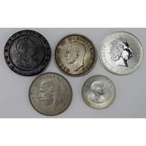 2335 - GB & Ireland (5): GB: Crown 1935 EF, Crown 1937 GEF, Britannia 1oz 2000 EF, 'Cartwheel' copper twope... 