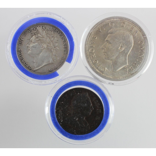 2348 - GB Coins (3): Crown 1937 AU, Halfcrown 1821 GIV cleaned, haymarked VF, and Halfpenny 1772 VF