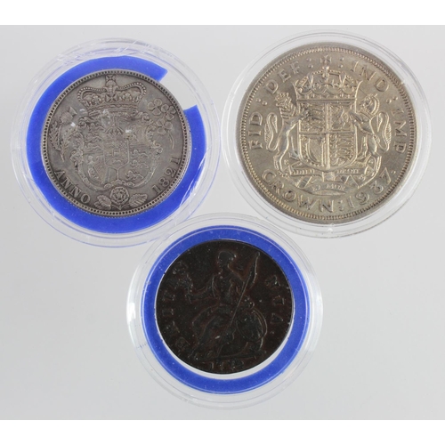 2348 - GB Coins (3): Crown 1937 AU, Halfcrown 1821 GIV cleaned, haymarked VF, and Halfpenny 1772 VF