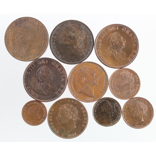 2352 - GB Copper & Bronze (10) 19th-20thC: Pennies: 1874H o7 rH VF, 1932 nEF; Halfpennies: 1799 5 gunports ... 