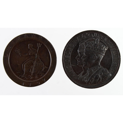 2353 - GB Copper (2): Cartwheel Twopence 1797 VF, and a George VI Coronation 1937 bronzed base medal d.44mm... 