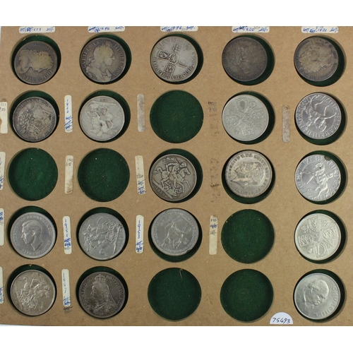 2355 - GB Crowns (19) collection in a tray, 1673 to 1977 various.