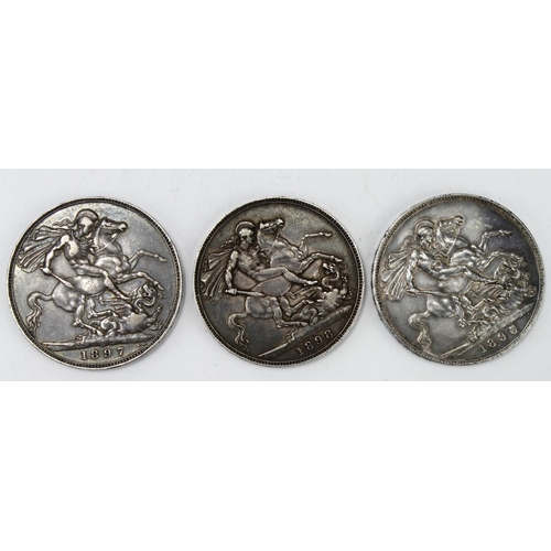 2356 - GB Crowns (3) Queen Victoria veiled head: 1893 LVI VF/GVF a few scratches, 1897 LXI VF, and 1898 LXI... 