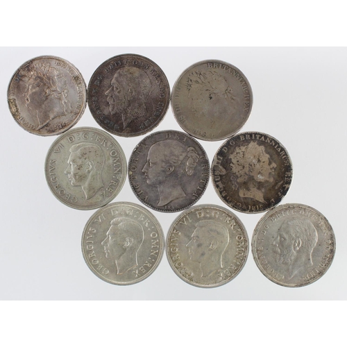 2358 - GB Crowns (9) George III, George IV x2, Victoria YH, George V x2 & George VI x3. Mixed grades