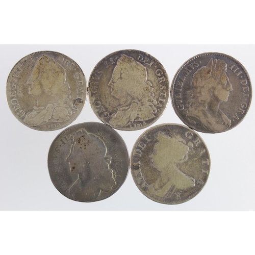 2369 - GB Halfcrowns (5) early milled: 1687 Fair, 1696 Octavo large shields, early harp, S.3481, nF, 1707E ... 