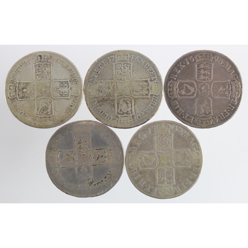 2369 - GB Halfcrowns (5) early milled: 1687 Fair, 1696 Octavo large shields, early harp, S.3481, nF, 1707E ... 