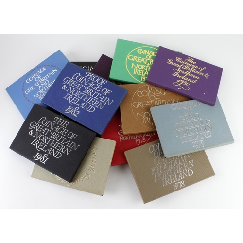 2374 - GB Proof Sets (13) a date run from 1970 - 1982. all flat packs aFDC/FDC but 1973 & 79 heavily toned