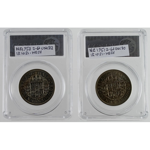 2416 - New Zealand Halfcrowns (2) slabbed by CGS UK: 1951 UNC 80, and 1953 UNC 82.
