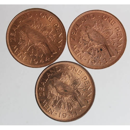 2418 - New Zealand Pennies (3): 1941, 1943, and 1944; BU, a few spots.