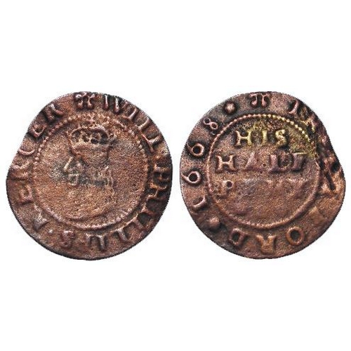 2493 - Token, 17thC: Kent, Otford, Will Phillips Halfpenny 1668, Kent #443, rare, water damage, Fine.