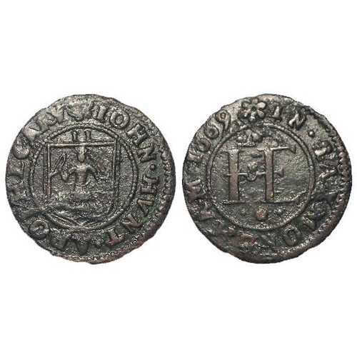 2496 - Token, 17thC: Suffolk, Saxmundham, John Hunt, Apothecary, Halfpenny 1669, W.284. Porous GF